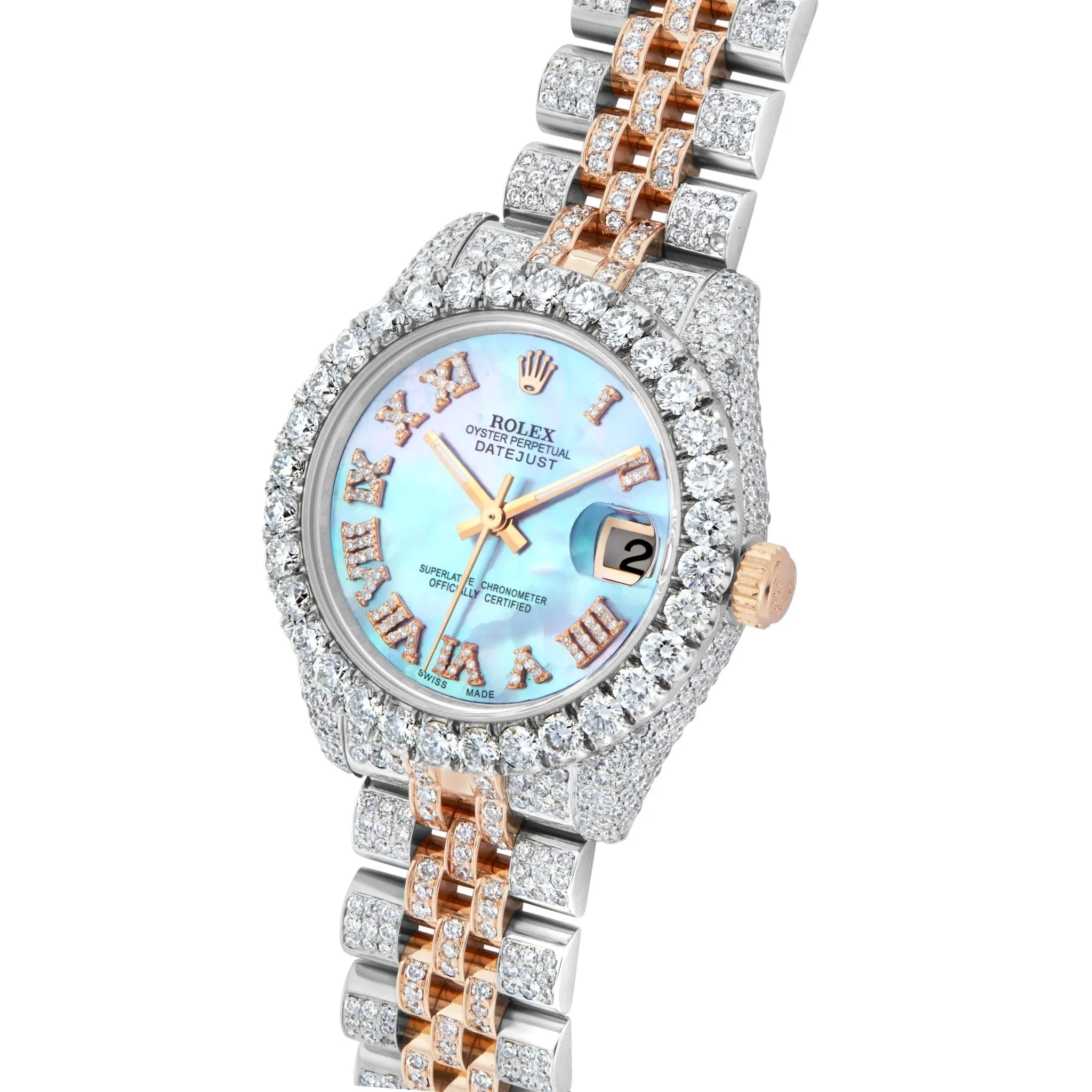 10.78ctw Full Diamond Women's Rolex DateJust 31mm Two Tone Mother of Pearl