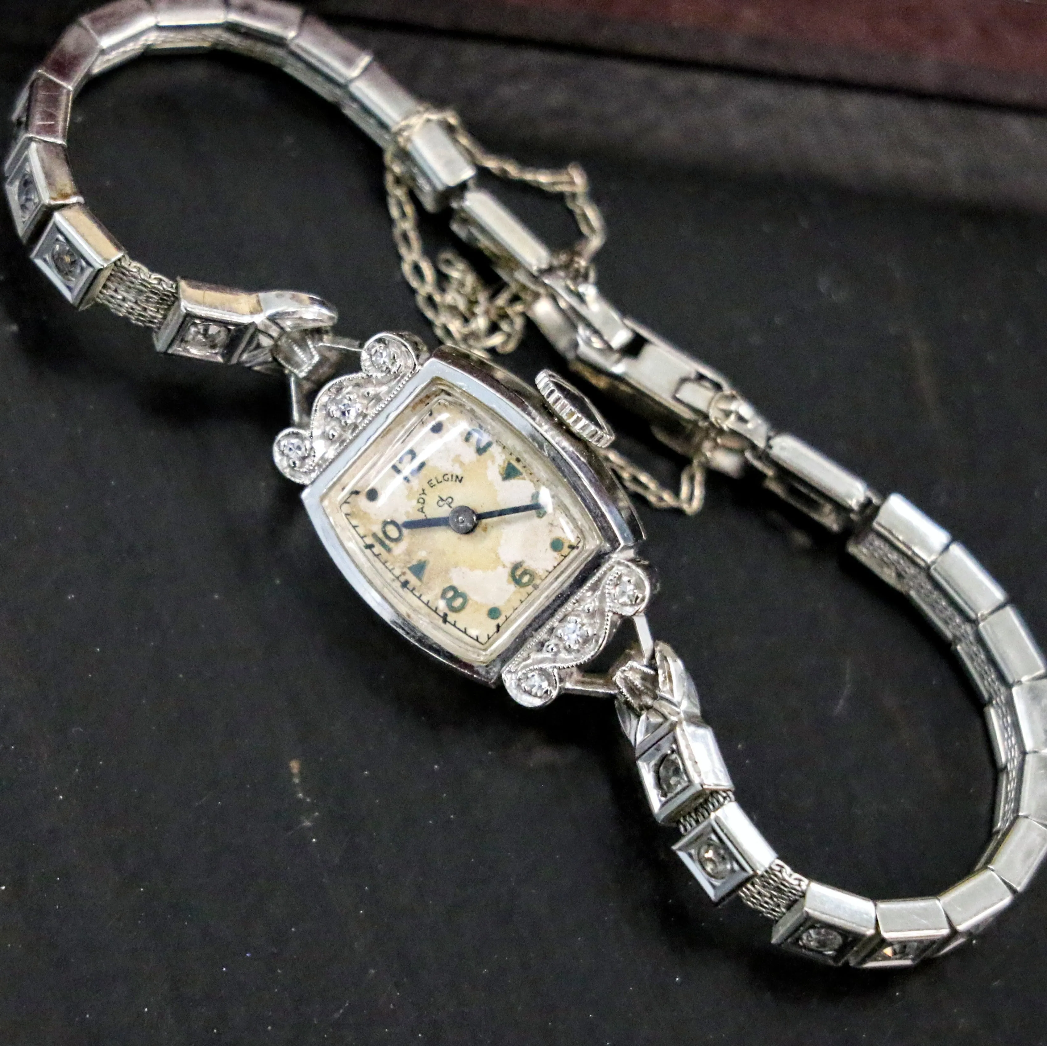 1950 Lady ELGIN Diamond Wristwatch 14K White GOLD Cal. 650 19 Jewels 4 ADJ'S - In BOX!
