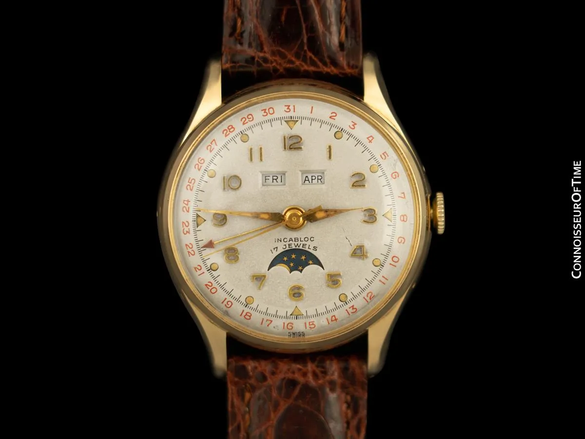 1950's Swiss Vintage Triple Calendar Moonphase Automatic Mens Watch - 14K Gold