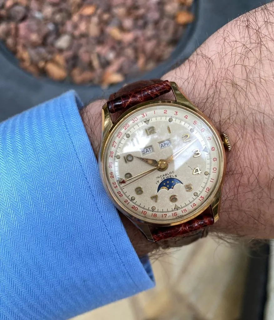 1950's Swiss Vintage Triple Calendar Moonphase Automatic Mens Watch - 14K Gold