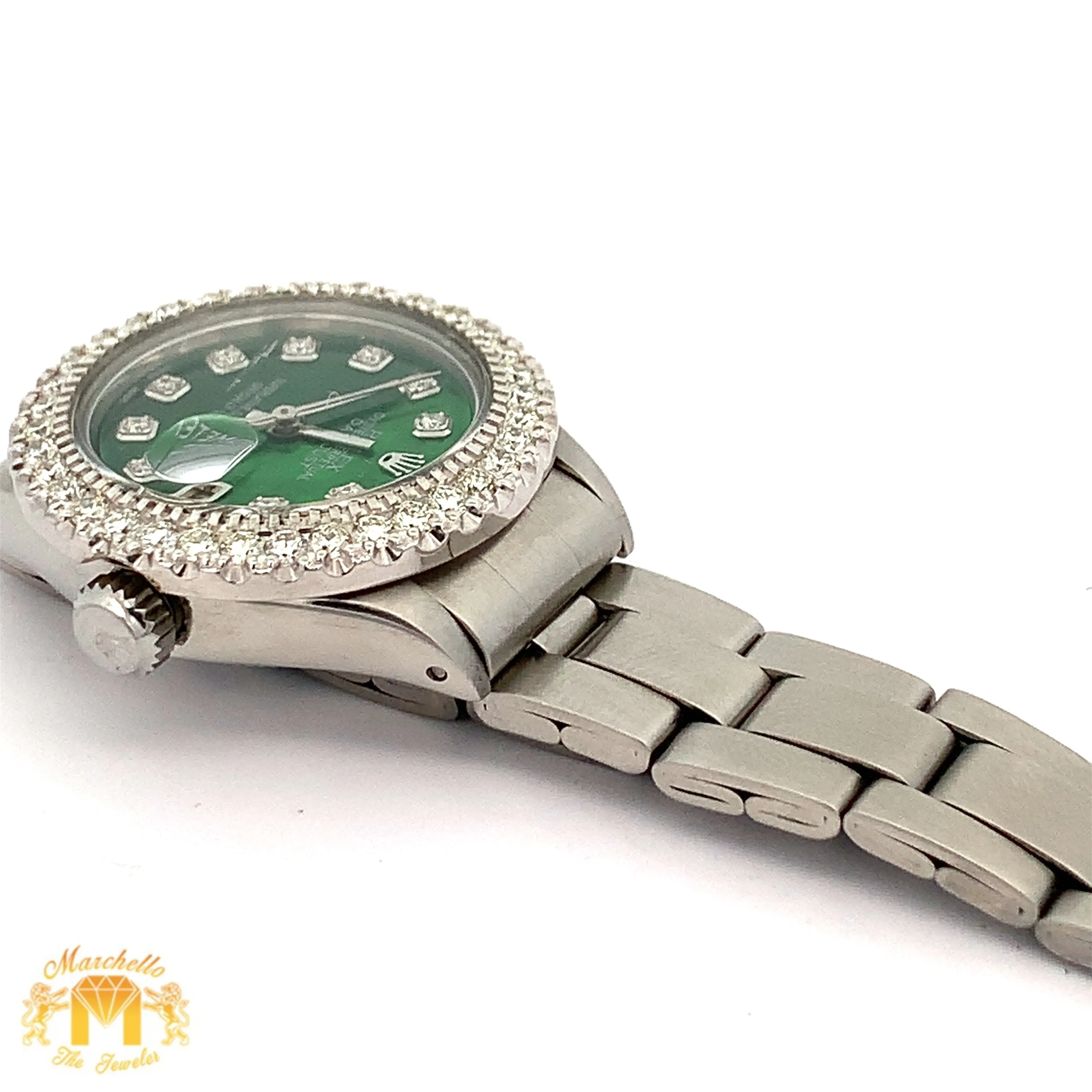 26mm Ladies` Rolex Watch with Stainless Steel Oyster Bracelet (diamond bezel, diamond green mother of pearl (MOP)dial)