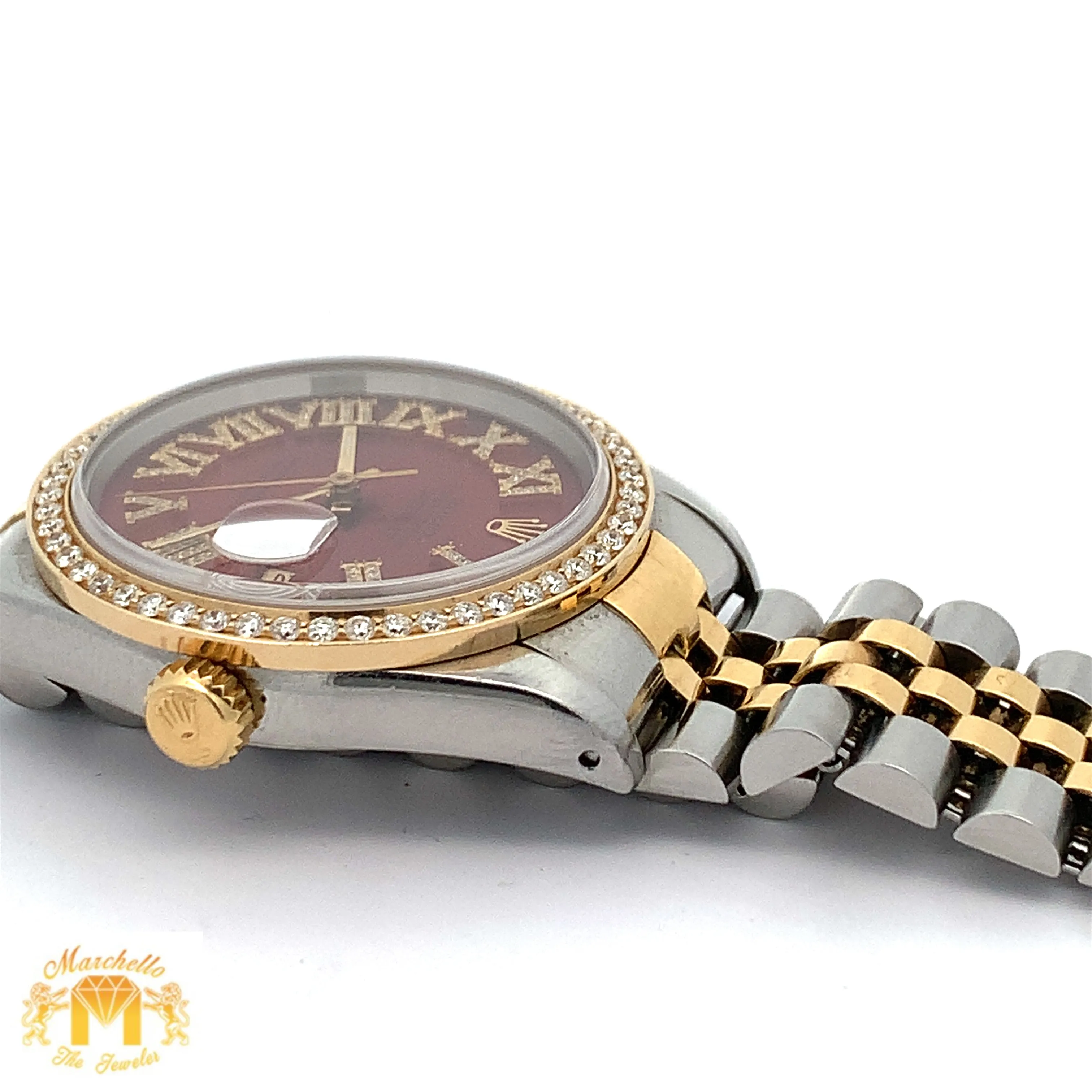 36mm Rolex Datejust Watch with Two-Tone Jubilee Bracelet (red dial with diamond Roman numerals)