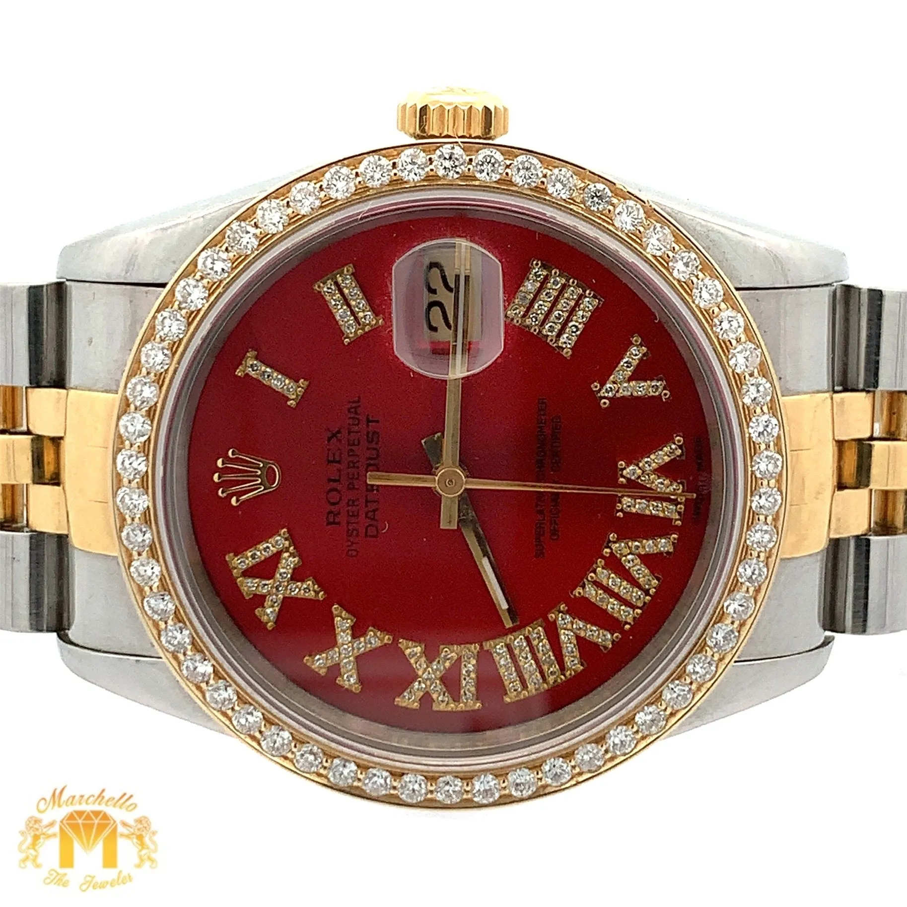 36mm Rolex Datejust Watch with Two-Tone Jubilee Bracelet (red dial with diamond Roman numerals)