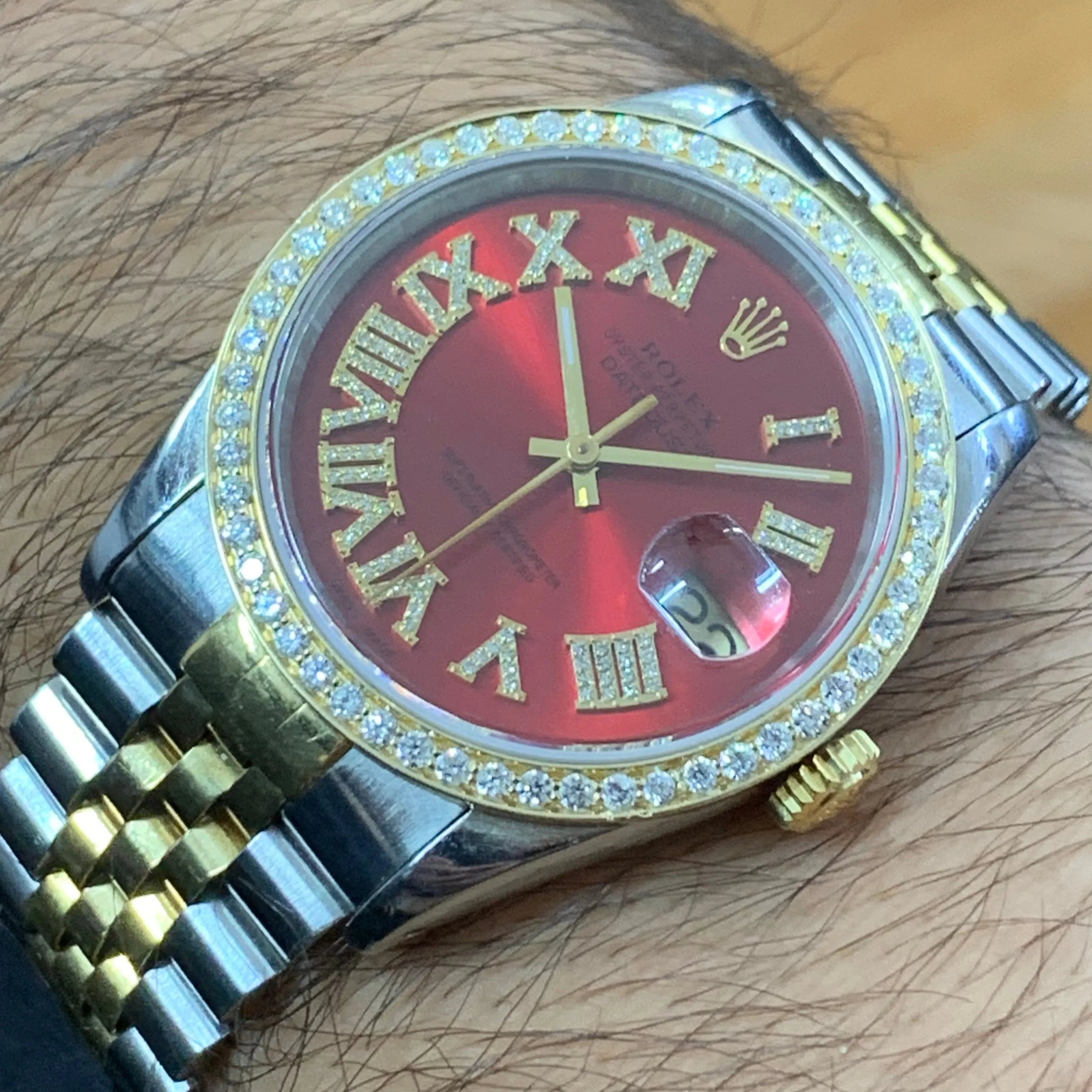 36mm Rolex Datejust Watch with Two-Tone Jubilee Bracelet (red dial with diamond Roman numerals)