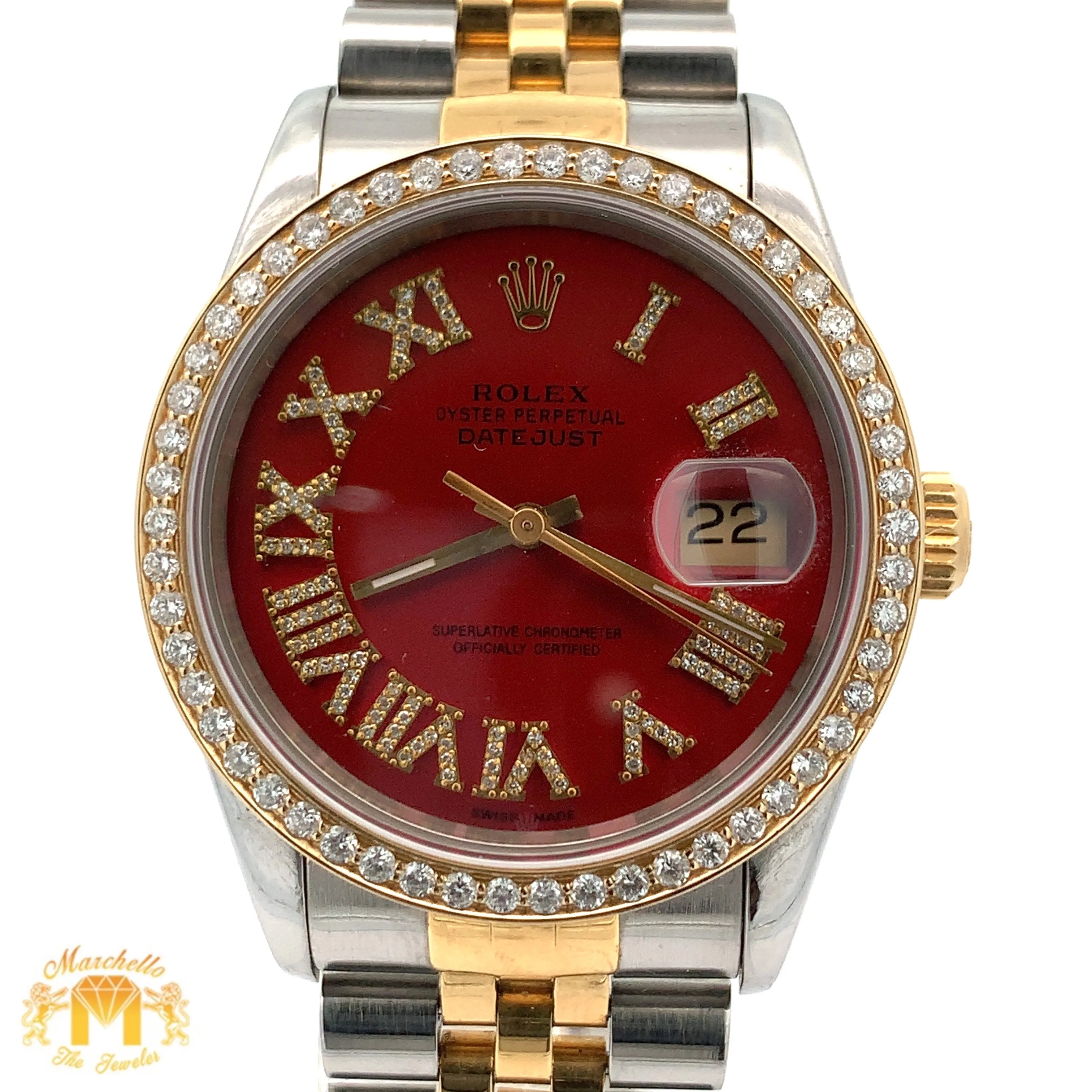 36mm Rolex Datejust Watch with Two-Tone Jubilee Bracelet (red dial with diamond Roman numerals)