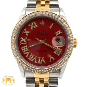 36mm Rolex Datejust Watch with Two-Tone Jubilee Bracelet (red dial with diamond Roman numerals)