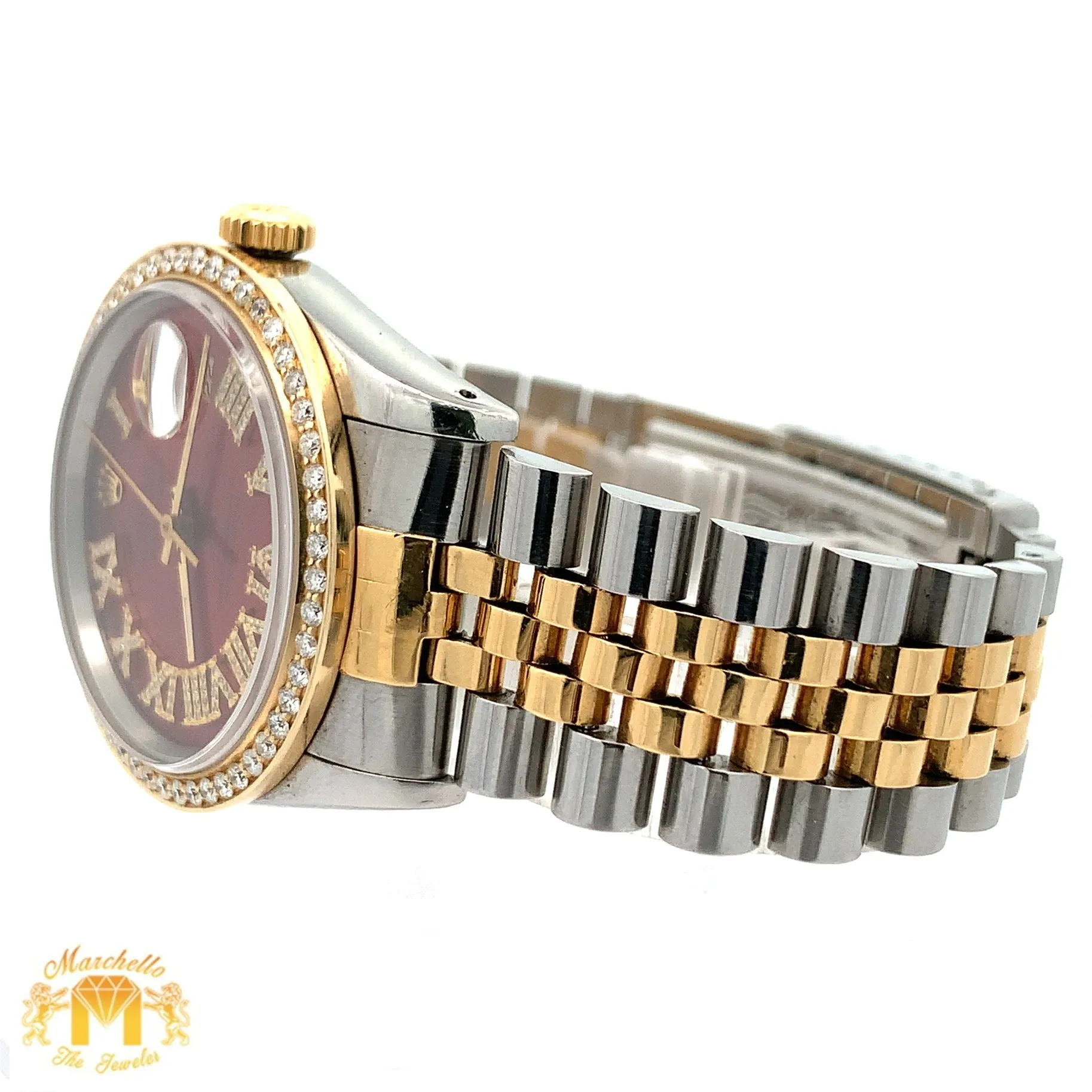 36mm Rolex Datejust Watch with Two-Tone Jubilee Bracelet (red dial with diamond Roman numerals)