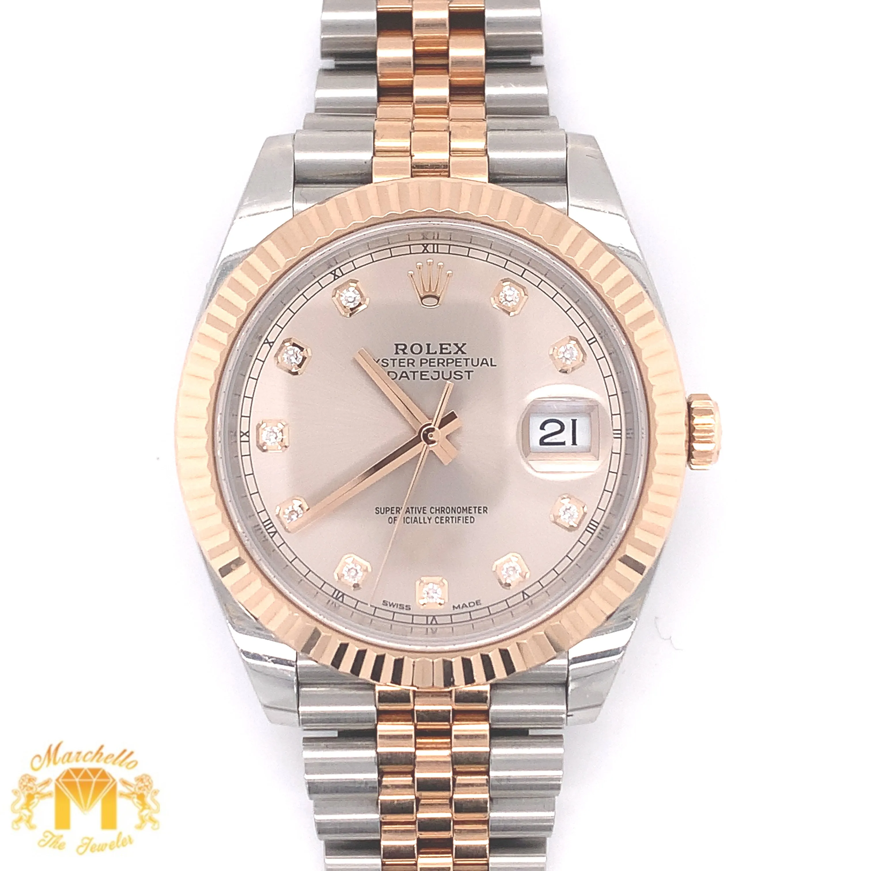41mm Rolex Datejust 2 Watch with Two-tone Jubilee Bracelet (fluted bezel, rose gold, factory sundust diamond dial)