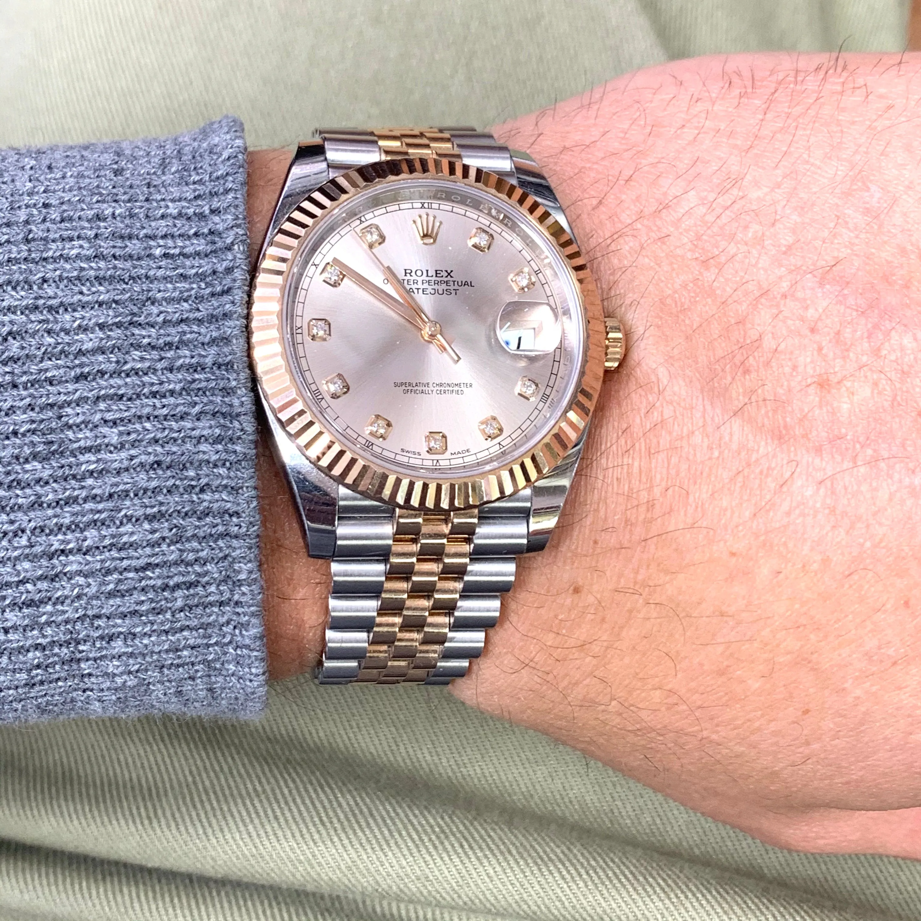 41mm Rolex Datejust 2 Watch with Two-tone Jubilee Bracelet (fluted bezel, rose gold, factory sundust diamond dial)