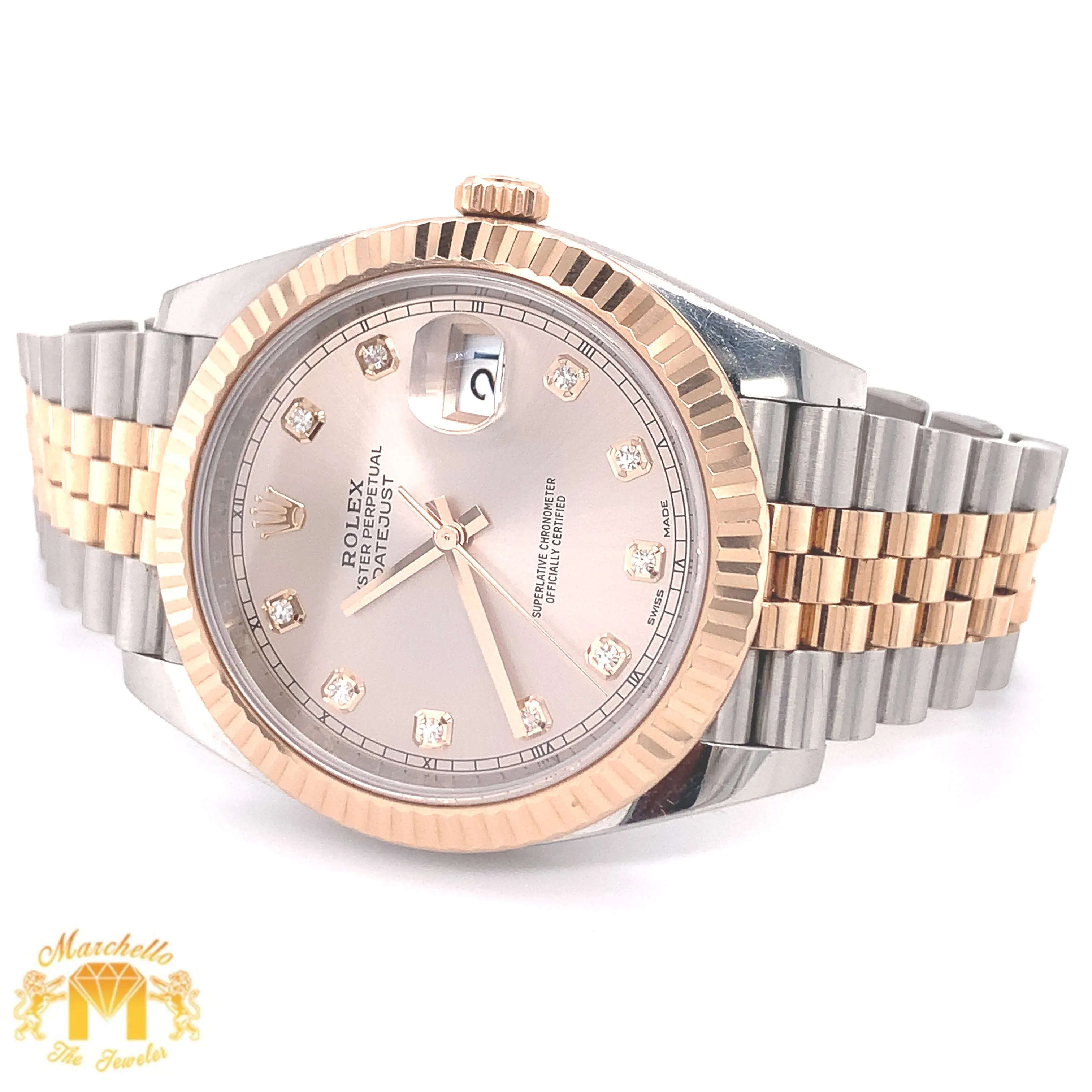 41mm Rolex Datejust 2 Watch with Two-tone Jubilee Bracelet (fluted bezel, rose gold, factory sundust diamond dial)