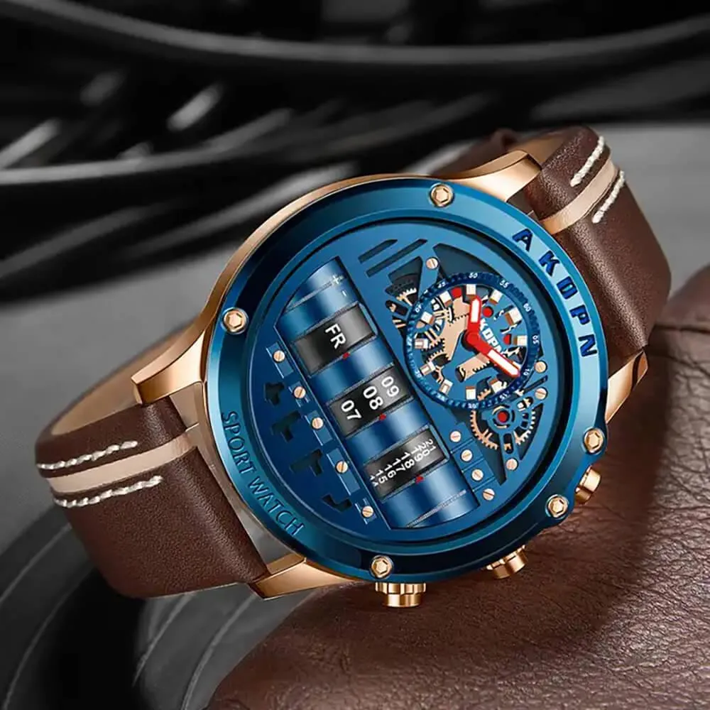 AKDPN Luxury Style Automatic Watch Leather Strap Chronograph Watch For Men A9022