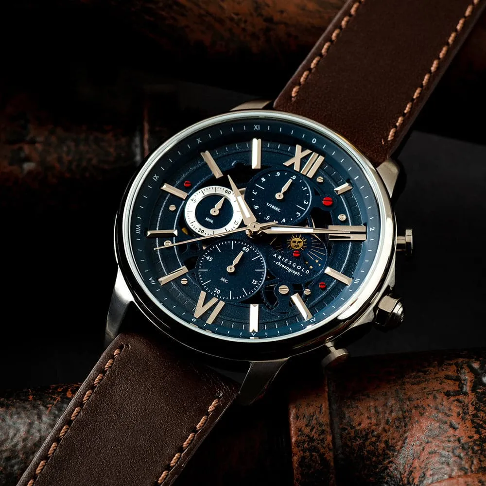 ARIES GOLD BELFAST MOON G 7013 S-BU MEN'S LEATHER WATCH