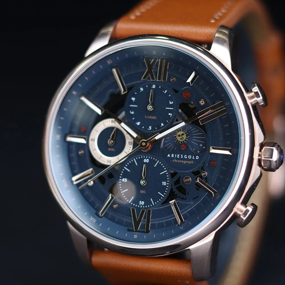 ARIES GOLD BELFAST MOON G 7013 S-BU MEN'S LEATHER WATCH