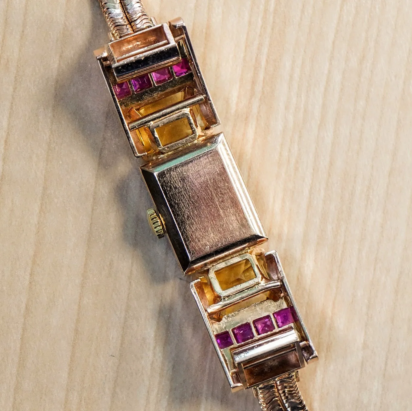 Art Deco Ladies' 14K Rose Gold Cocktail Watch Diamonds, Citrines, & Rubies Wristwatch by Pery