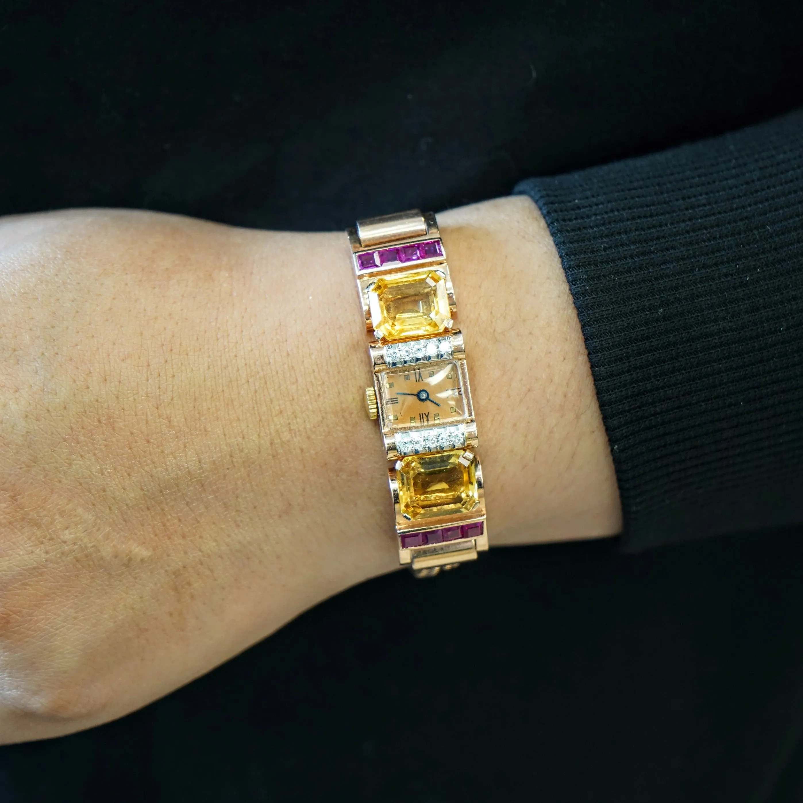 Art Deco Ladies' 14K Rose Gold Cocktail Watch Diamonds, Citrines, & Rubies Wristwatch by Pery