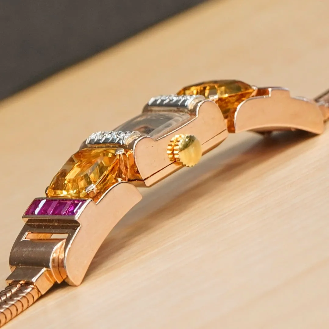 Art Deco Ladies' 14K Rose Gold Cocktail Watch Diamonds, Citrines, & Rubies Wristwatch by Pery