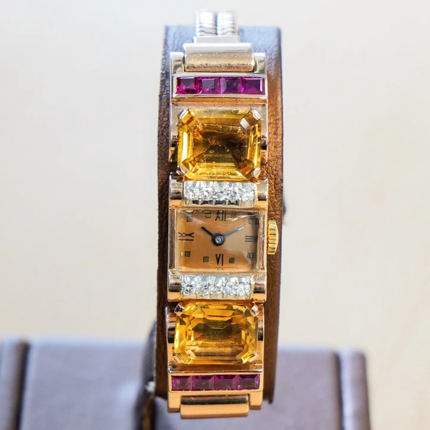 Art Deco Ladies' 14K Rose Gold Cocktail Watch Diamonds, Citrines, & Rubies Wristwatch by Pery