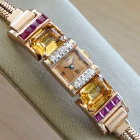 Art Deco Ladies' 14K Rose Gold Cocktail Watch Diamonds, Citrines, & Rubies Wristwatch by Pery