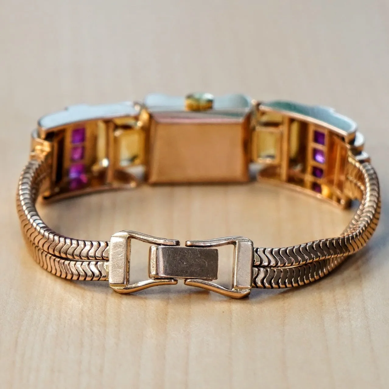 Art Deco Ladies' 14K Rose Gold Cocktail Watch Diamonds, Citrines, & Rubies Wristwatch by Pery