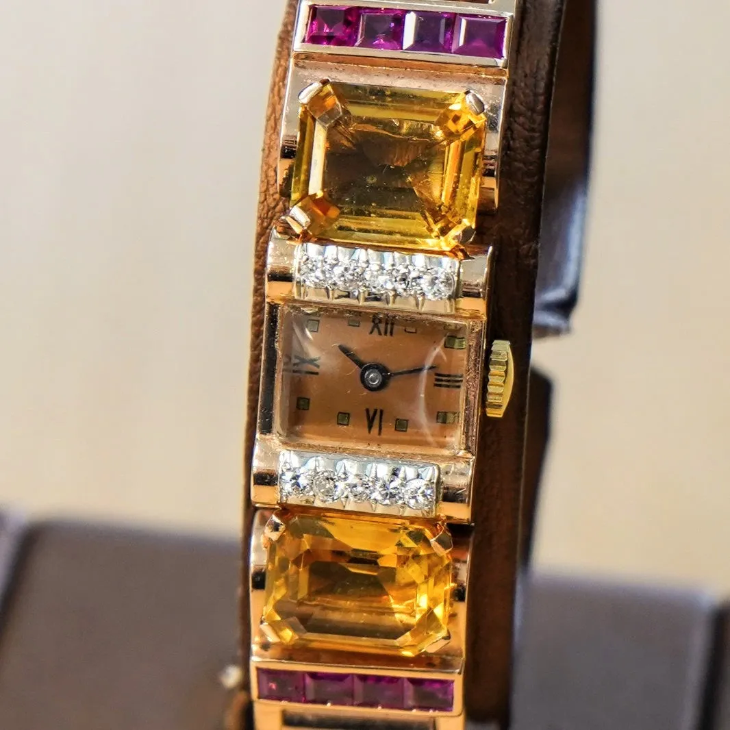 Art Deco Ladies' 14K Rose Gold Cocktail Watch Diamonds, Citrines, & Rubies Wristwatch by Pery