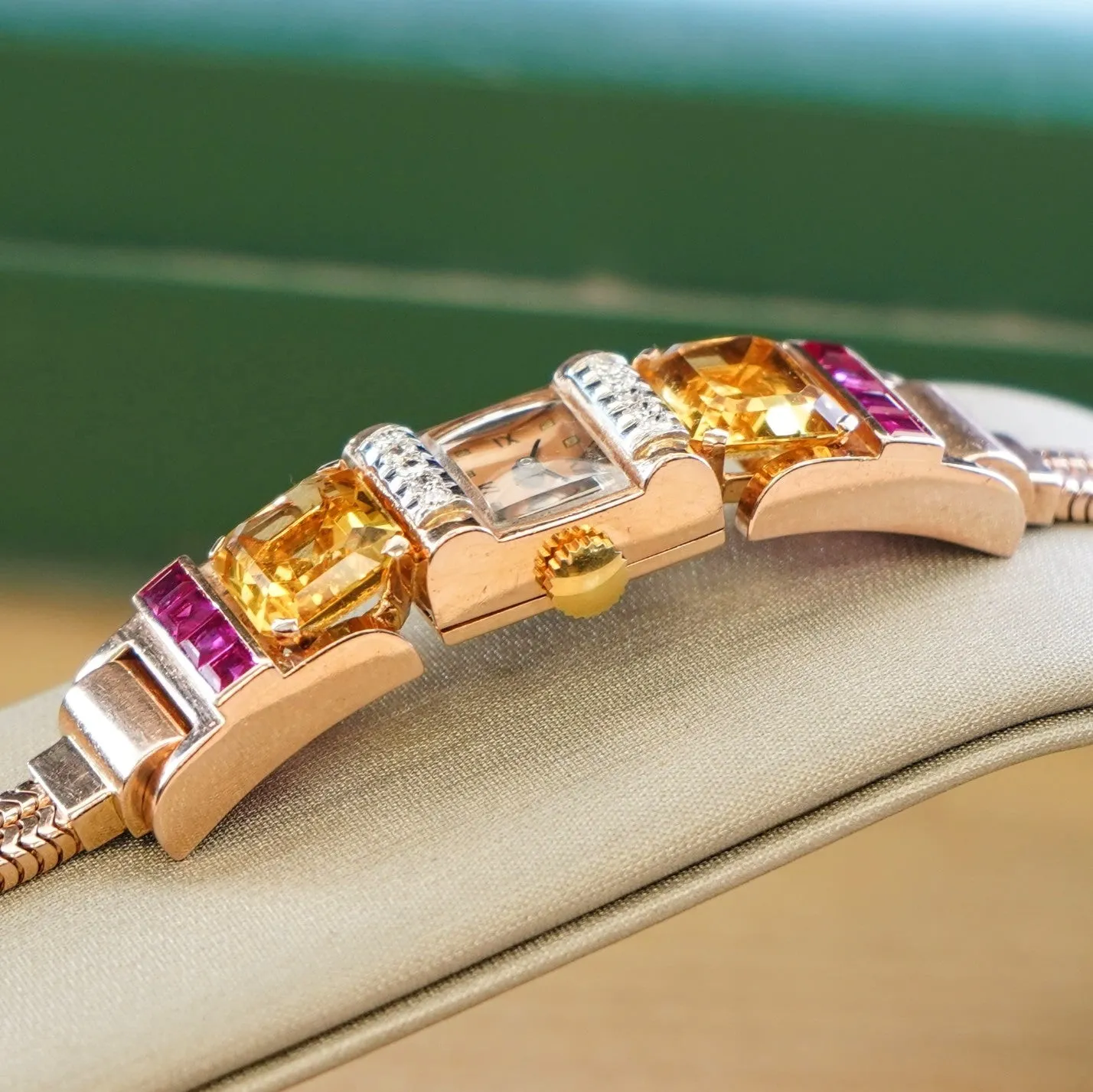 Art Deco Ladies' 14K Rose Gold Cocktail Watch Diamonds, Citrines, & Rubies Wristwatch by Pery