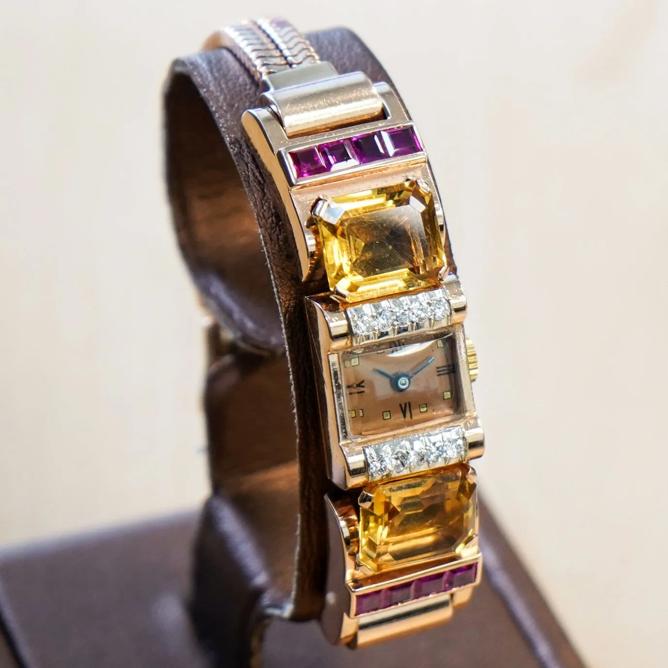 Art Deco Ladies' 14K Rose Gold Cocktail Watch Diamonds, Citrines, & Rubies Wristwatch by Pery