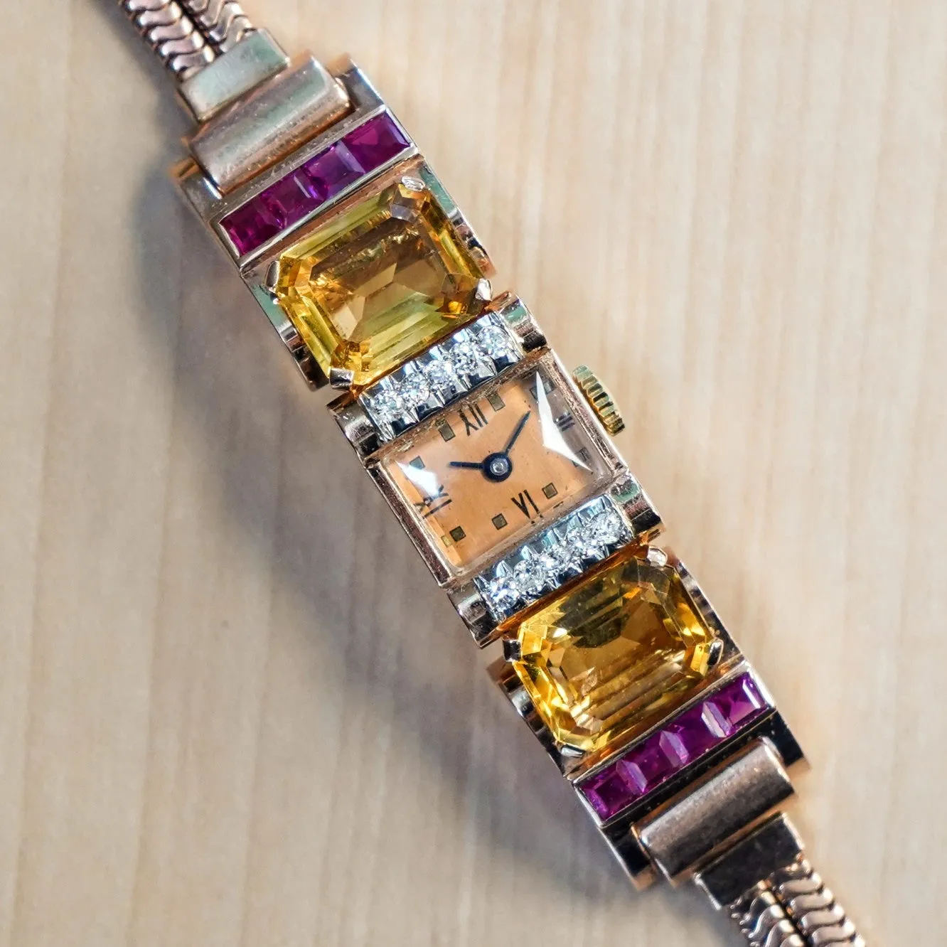 Art Deco Ladies' 14K Rose Gold Cocktail Watch Diamonds, Citrines, & Rubies Wristwatch by Pery