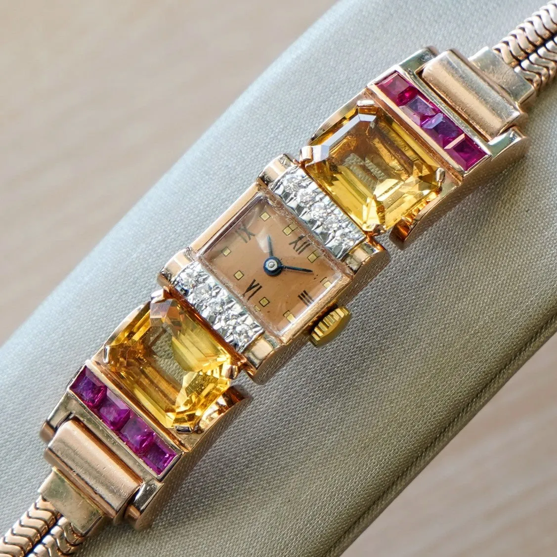 Art Deco Ladies' 14K Rose Gold Cocktail Watch Diamonds, Citrines, & Rubies Wristwatch by Pery