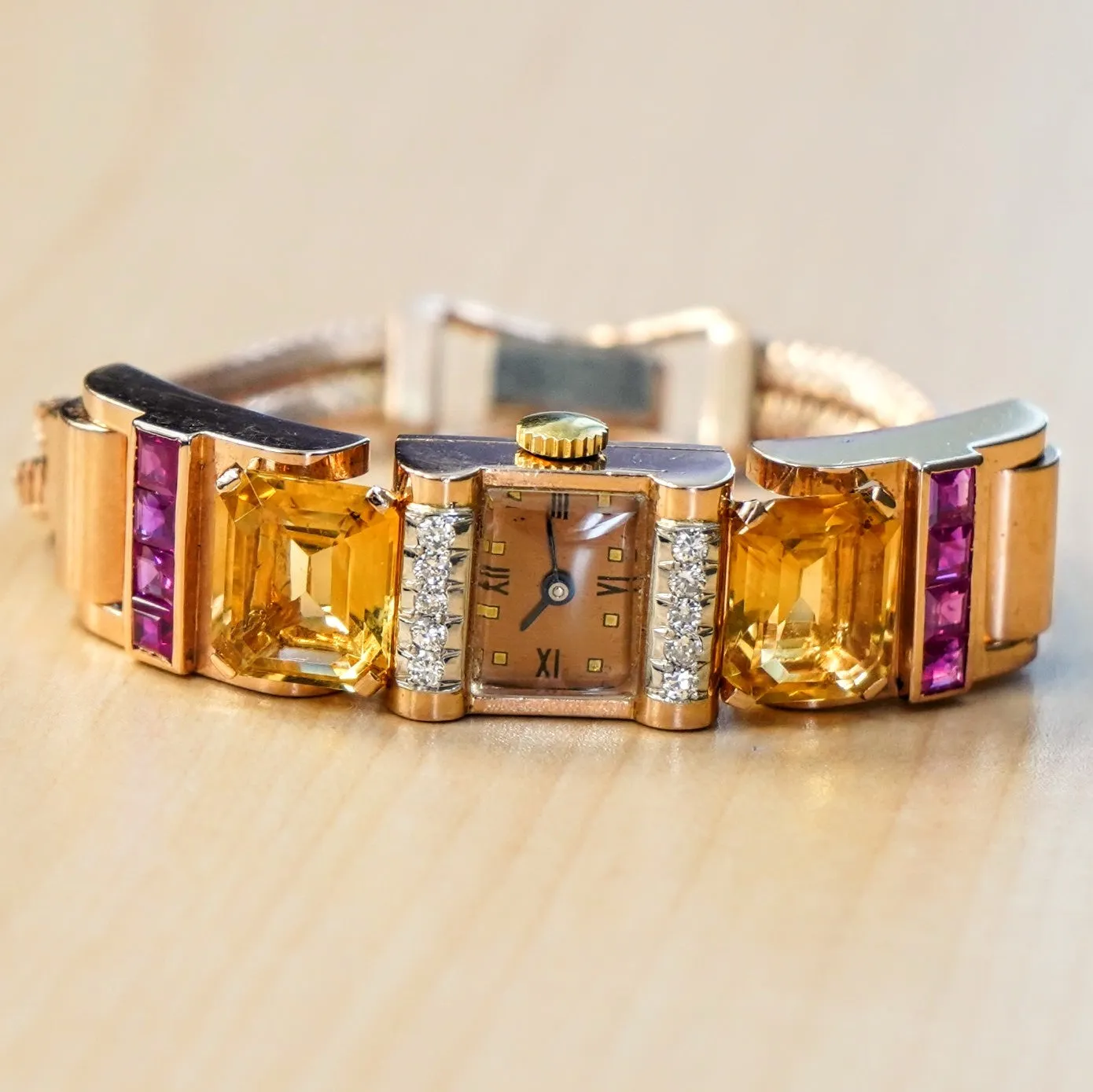 Art Deco Ladies' 14K Rose Gold Cocktail Watch Diamonds, Citrines, & Rubies Wristwatch by Pery