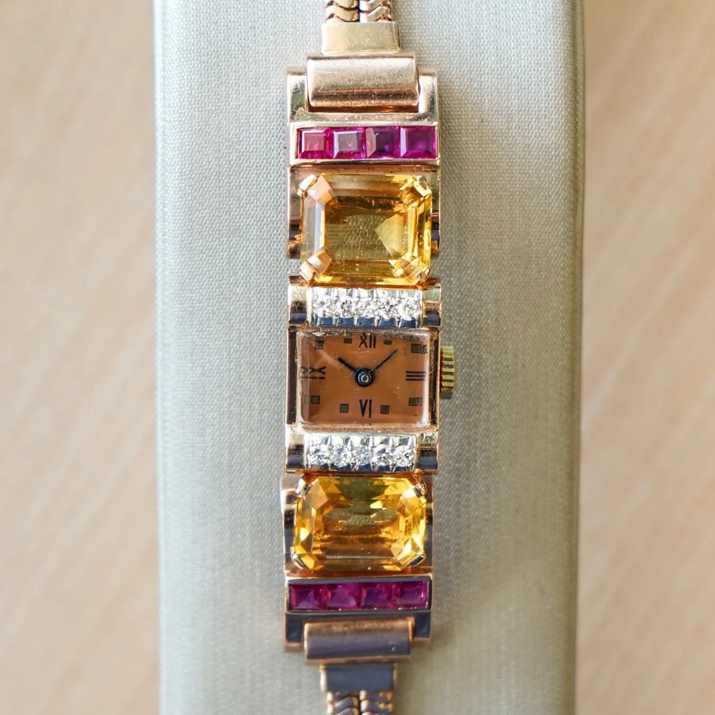 Art Deco Ladies' 14K Rose Gold Cocktail Watch Diamonds, Citrines, & Rubies Wristwatch by Pery
