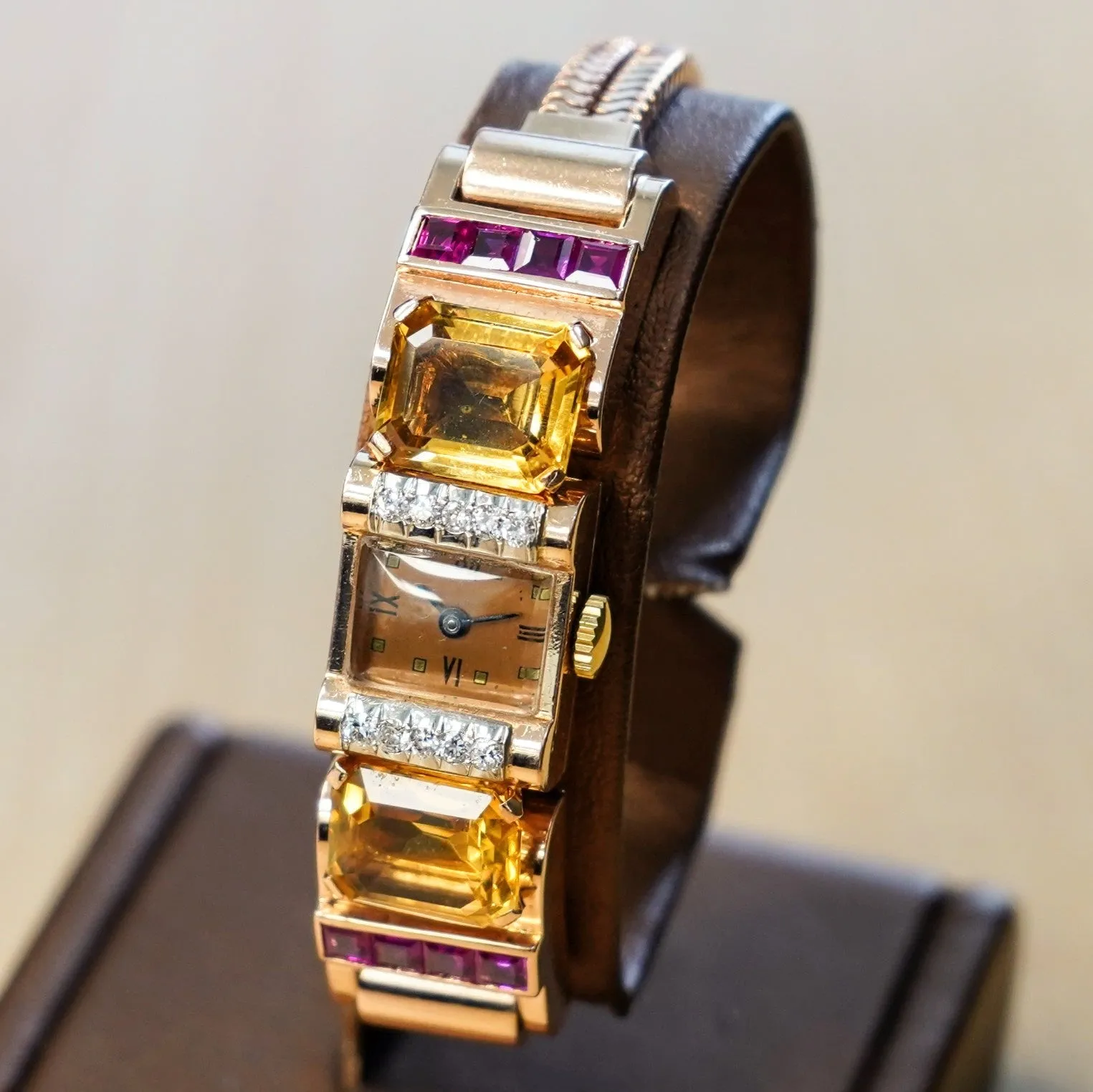 Art Deco Ladies' 14K Rose Gold Cocktail Watch Diamonds, Citrines, & Rubies Wristwatch by Pery