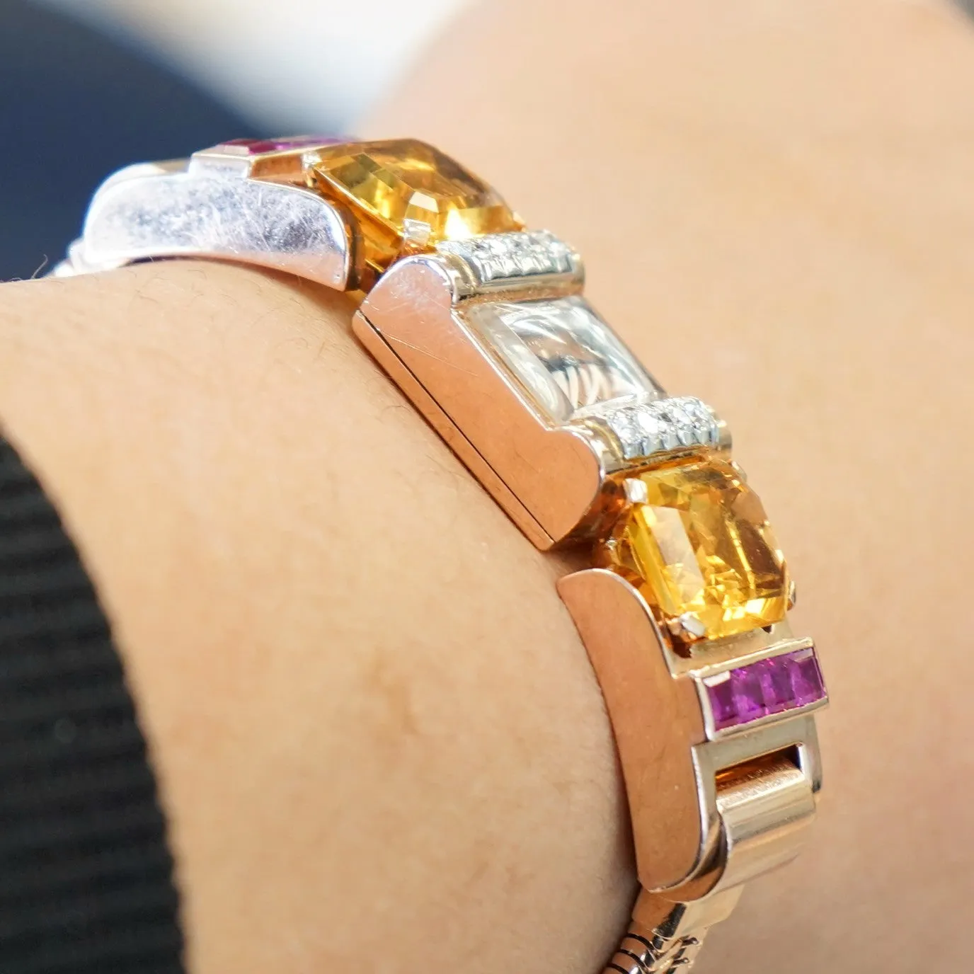 Art Deco Ladies' 14K Rose Gold Cocktail Watch Diamonds, Citrines, & Rubies Wristwatch by Pery
