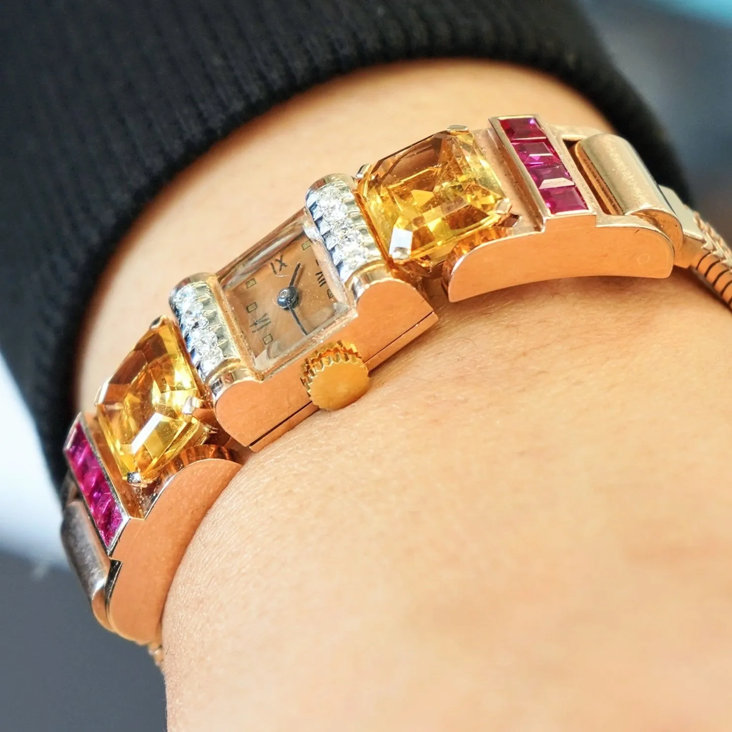 Art Deco Ladies' 14K Rose Gold Cocktail Watch Diamonds, Citrines, & Rubies Wristwatch by Pery
