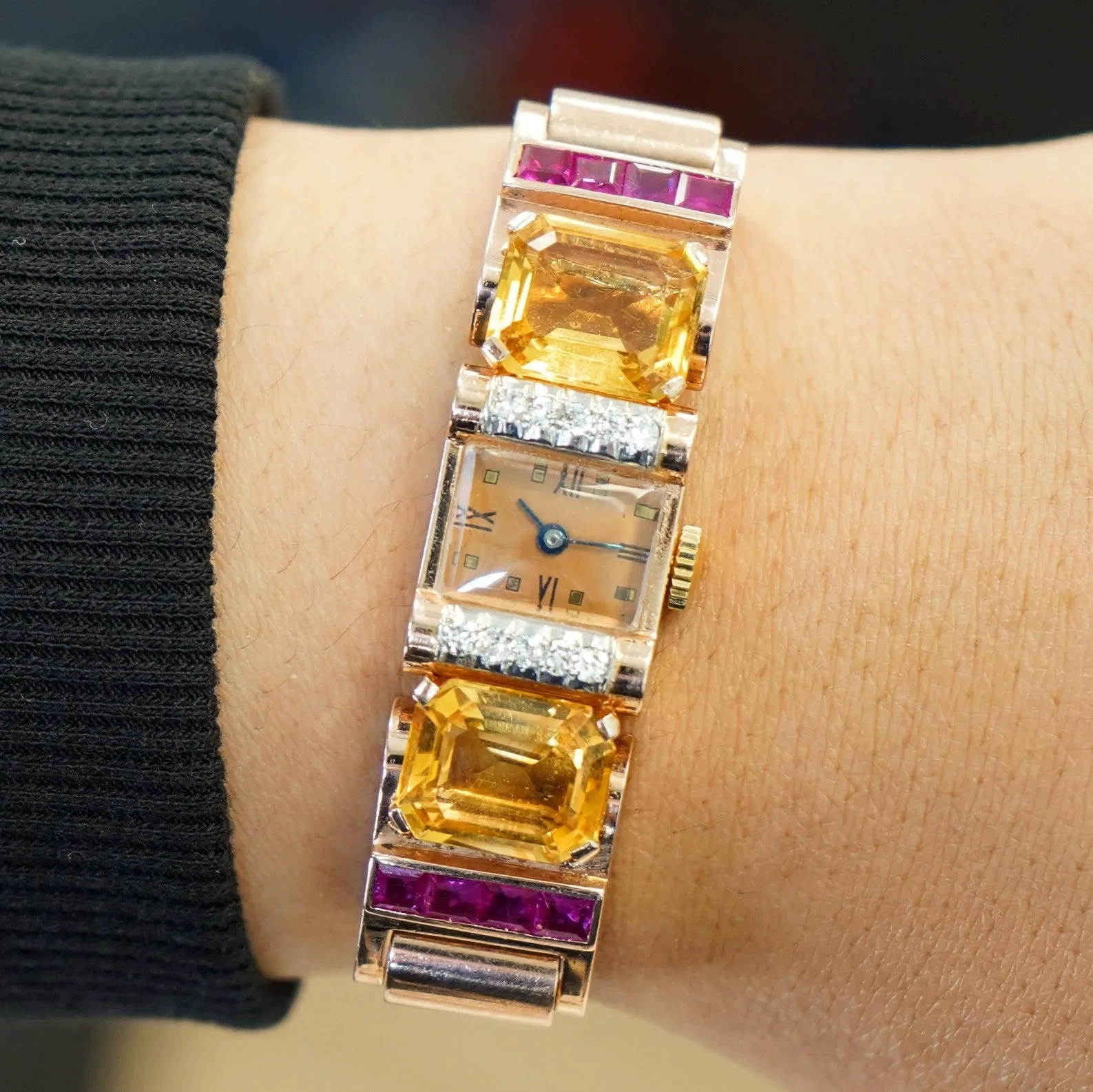 Art Deco Ladies' 14K Rose Gold Cocktail Watch Diamonds, Citrines, & Rubies Wristwatch by Pery