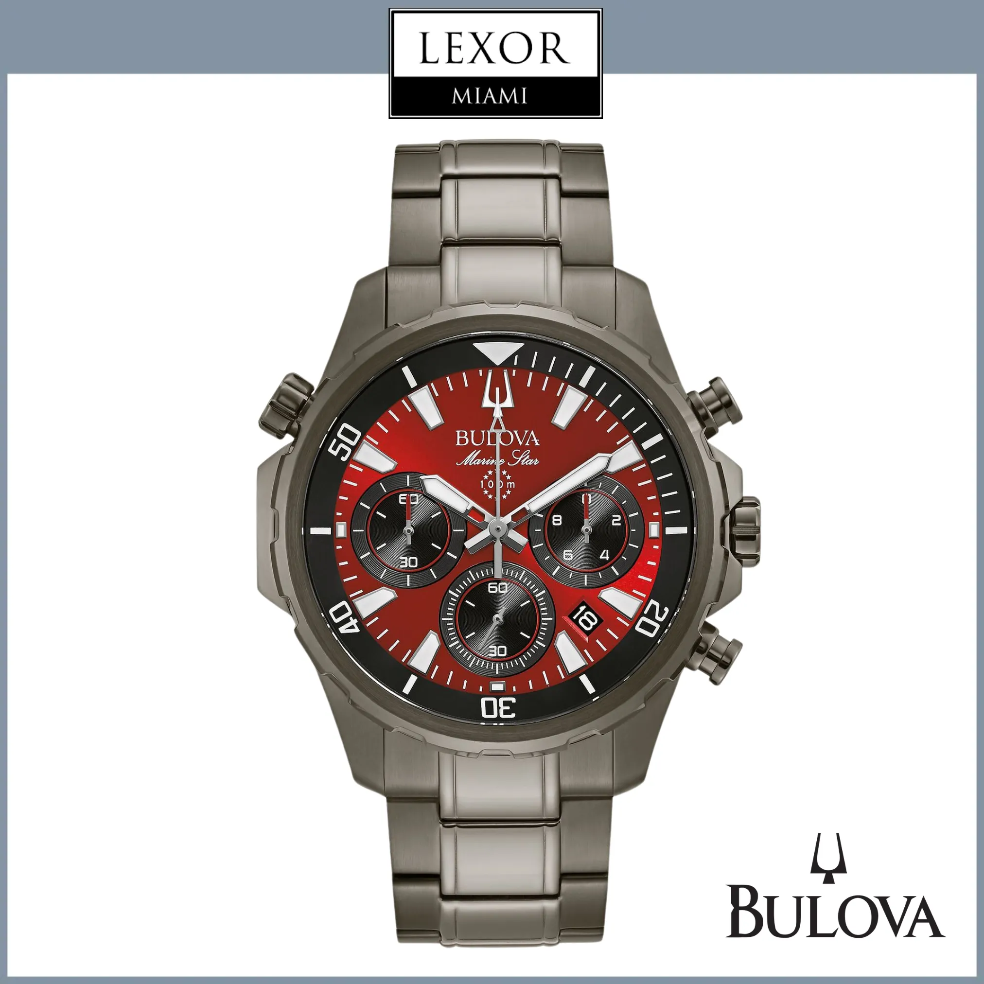 Bulova 98B350 Chronograph Marine Star Gray Stainless Steel Bracelet 43mm Men Watches Lexor Miami