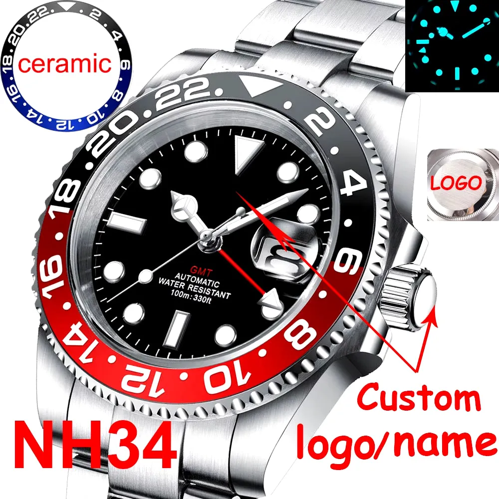 Custom Logo New Luxury NH34 Mechanical Wristwatch Stainless Steel GMT Watch Sapphire Glass Top Brand Men Watches Reloj Hombre