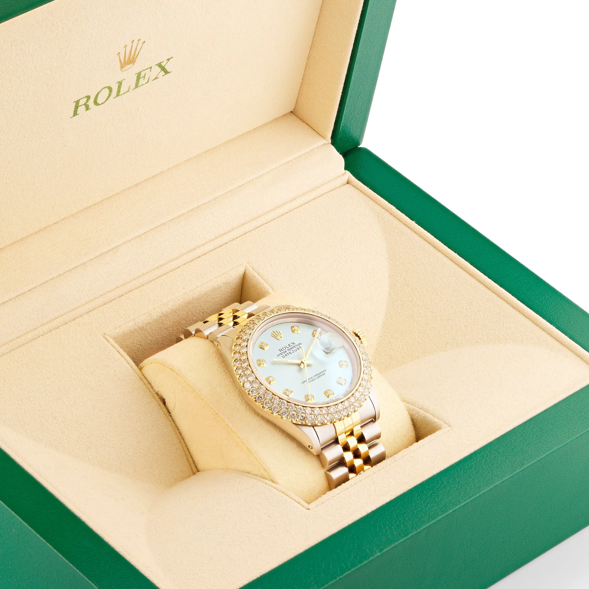 Gold Rolex Datejust 36mm 16233 for Men with Light Blue Dial & Diamond Bezel