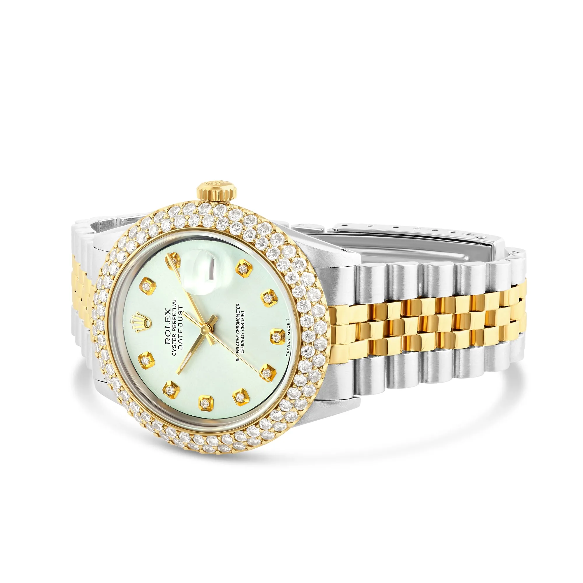 Gold Rolex Datejust 36mm 16233 for Men with Light Blue Dial & Diamond Bezel