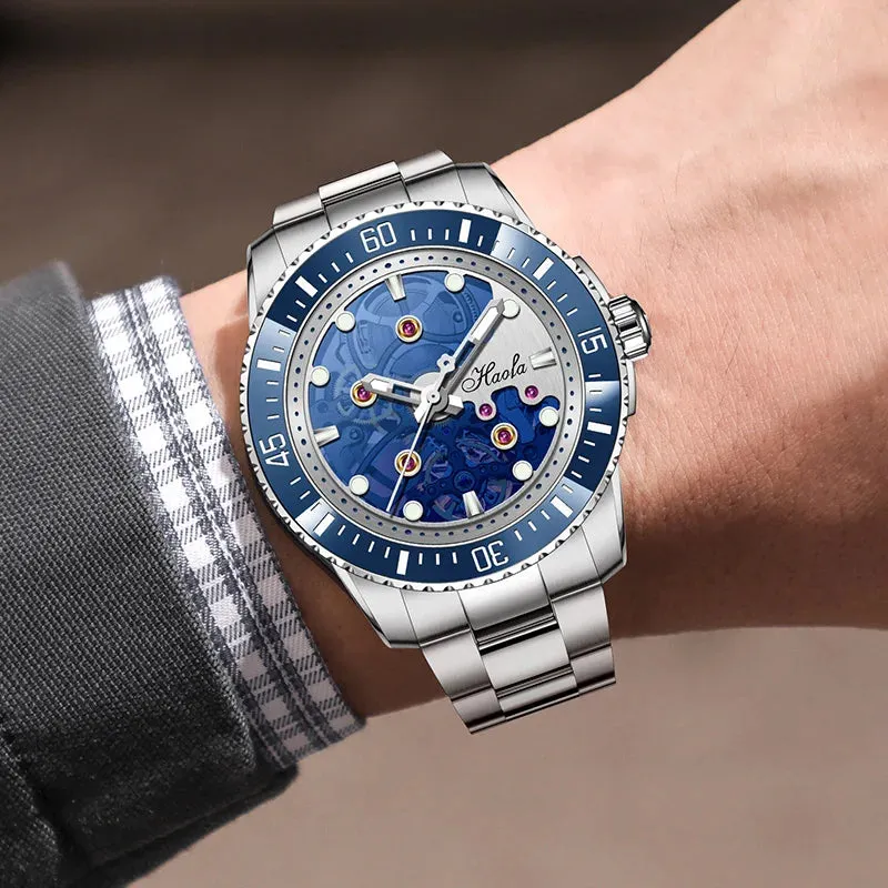 Haofa Automatic Mechanical Watch for Men Luminous Stainless Steel Waterproof Mens Watch Luxury Sapphire Skeleton Ceramic Bezel