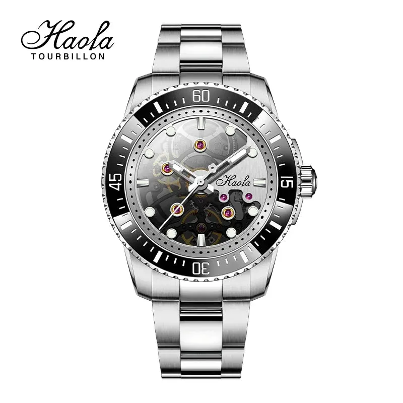 Haofa Automatic Mechanical Watch for Men Luminous Stainless Steel Waterproof Mens Watch Luxury Sapphire Skeleton Ceramic Bezel