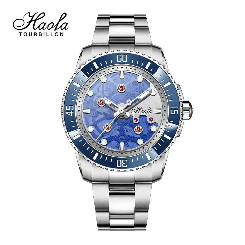 Haofa Automatic Mechanical Watch for Men Luminous Stainless Steel Waterproof Mens Watch Luxury Sapphire Skeleton Ceramic Bezel