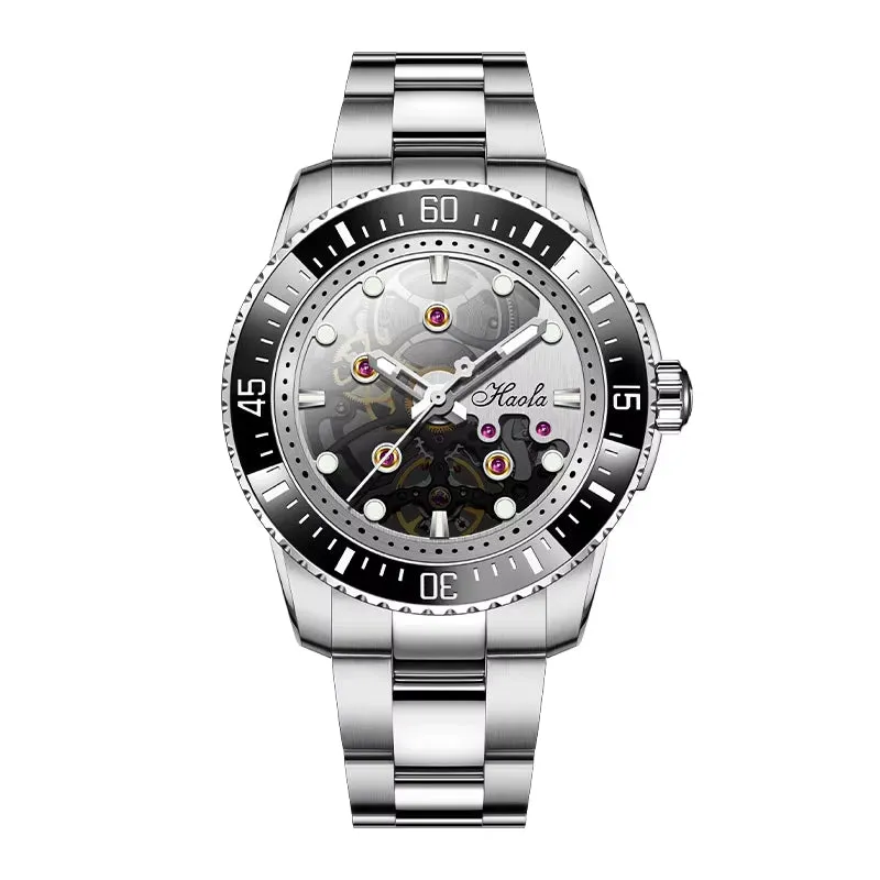 Haofa Automatic Mechanical Watch for Men Luminous Stainless Steel Waterproof Mens Watch Luxury Sapphire Skeleton Ceramic Bezel