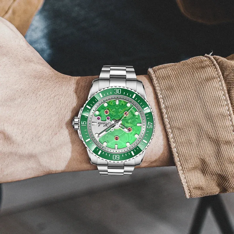 Haofa Automatic Mechanical Watch for Men Luminous Stainless Steel Waterproof Mens Watch Luxury Sapphire Skeleton Ceramic Bezel