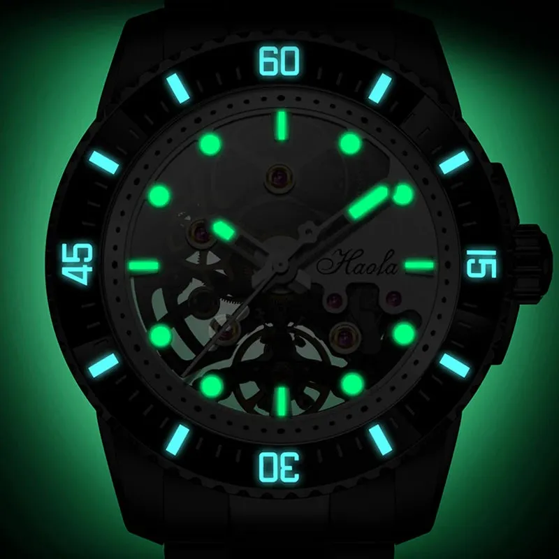 Haofa Automatic Mechanical Watch for Men Luminous Stainless Steel Waterproof Mens Watch Luxury Sapphire Skeleton Ceramic Bezel