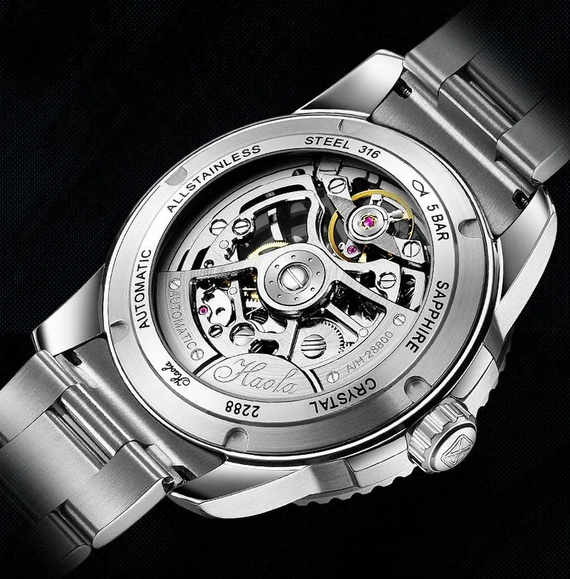 Haofa Automatic Mechanical Watch for Men Luminous Stainless Steel Waterproof Mens Watch Luxury Sapphire Skeleton Ceramic Bezel