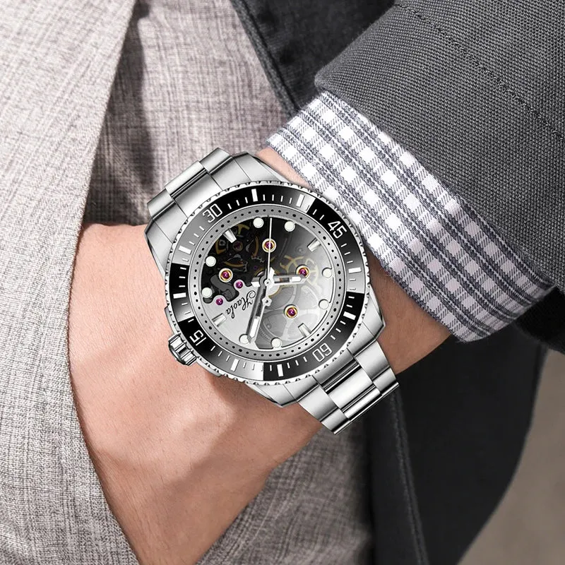 Haofa Automatic Mechanical Watch for Men Luminous Stainless Steel Waterproof Mens Watch Luxury Sapphire Skeleton Ceramic Bezel