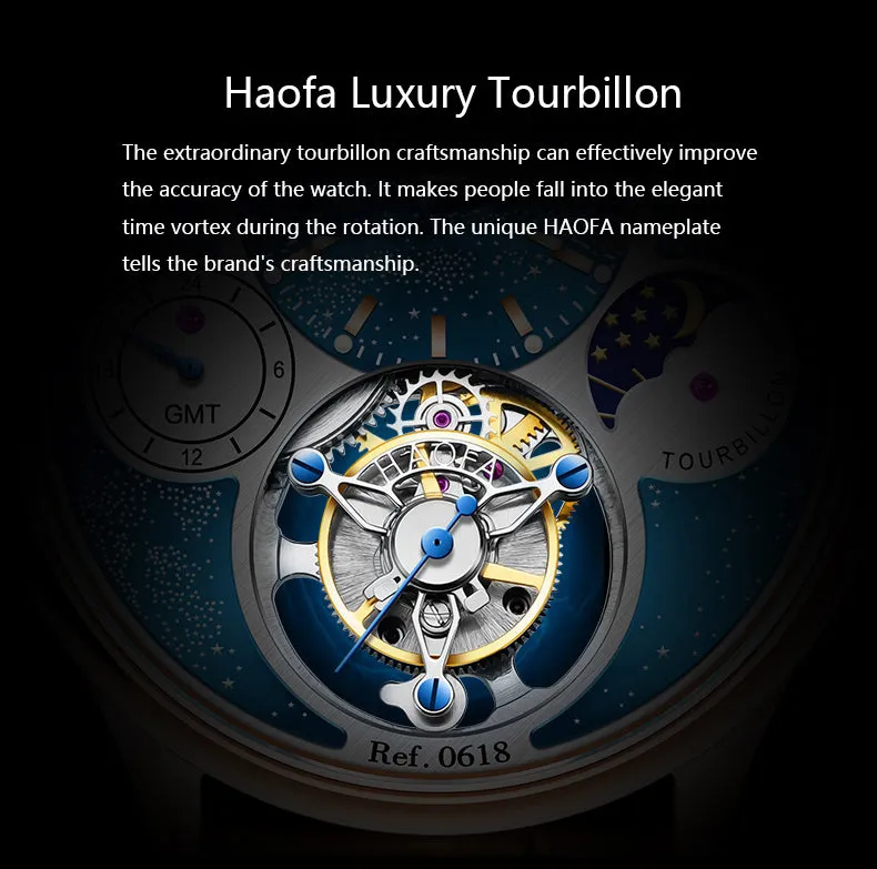 Haofa Luxury Skeleton Tourbillon Watch GMT Moonphase Wristwatches 0618