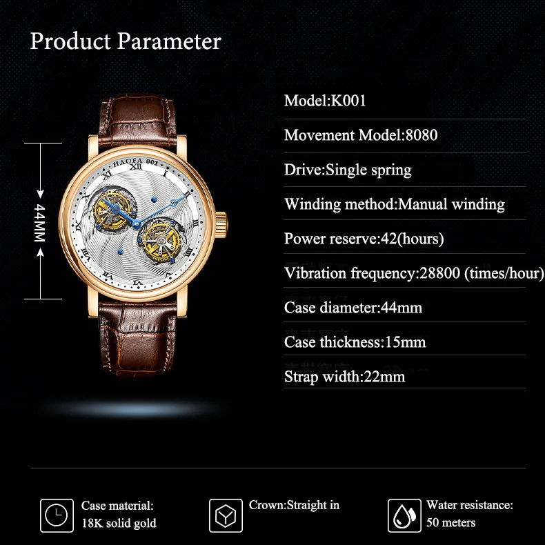 Hoafa Luxury Double Tourbillon and one Carrousel Flywheel Tourbillon Mechanical Karat Watch For Men Sapphire 18K Real Gold  Mens Watch Limited Edition K001