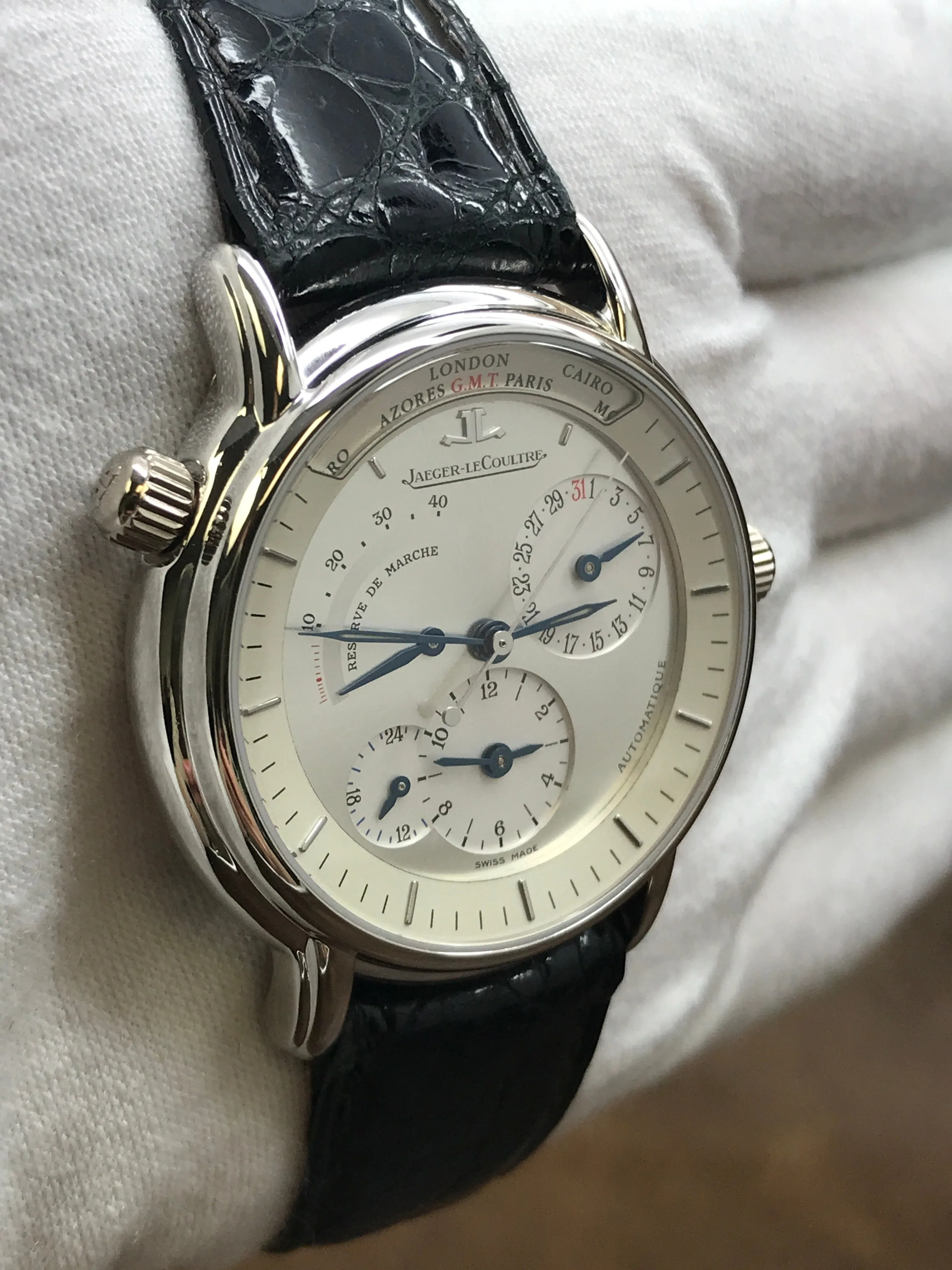 Jaeger-Lecoultre World Time Geographic Platinum Janet Jackson 169.6.92 Aged Silver with color change Dial Automatic Watch