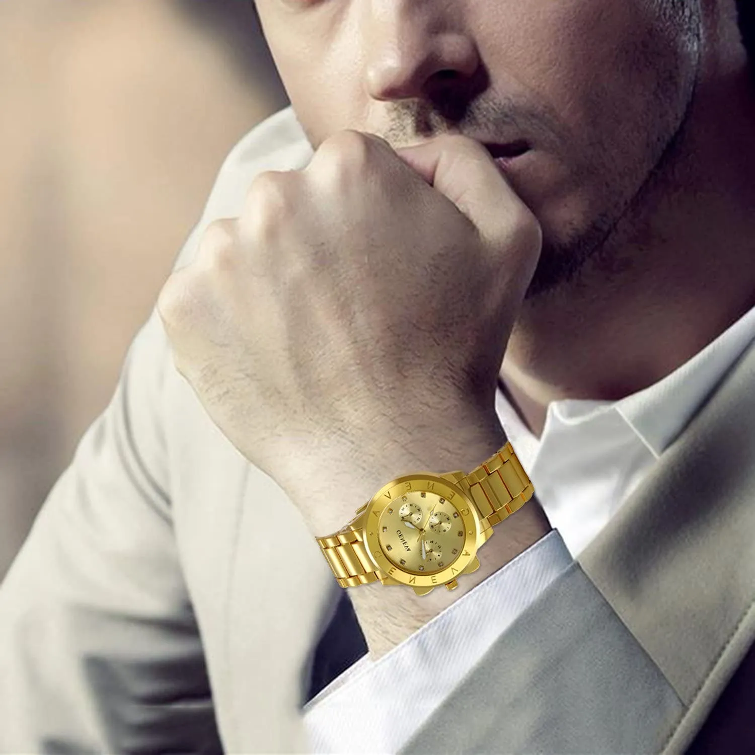 JewelryWe Mens Gold Tone Watch Stainless Steel Round 3 Eyes Quartz Watch, for Valentine’s Day